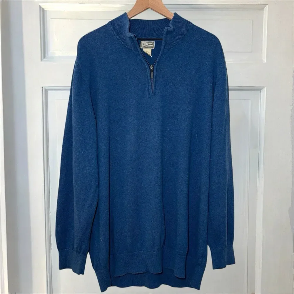 LL Bean Sweater 1/4 quarter Zip Cotton‎ Cashmere Pullover Men's XXLT Tall Blue